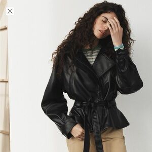 Faux Leather Tie-Waist Jacket - Black